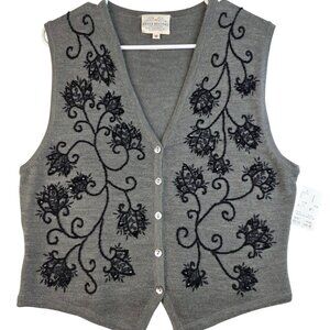 95 Susan Bristol Medium Embroidered Floral Gray Sweater Vest Wool Blend Vintage